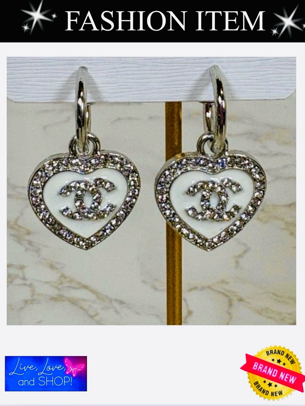 A-1DC-34: EARRINGS: White Heart w/Rhinestone CC & Rhinestones Detailing, NWOT